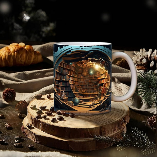 Tazas de cerámica con diseño de estantería 3D Creatives Space para estudiar con café. Regalo para amantes de los libros.