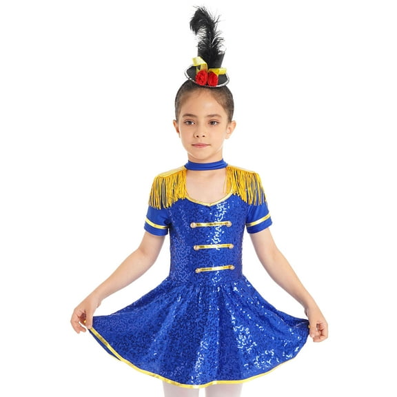 YEAHDOR Girls Circus Cosplay Costume Carnival Halloween Outfit Shiny Sequins Gold Tassel Epaulet Dress with Mini Top Hat Royal Blue 10