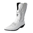 thumbnail image 7 of Embroidery Cowboy Boots for Women White Black Leather Mid Calf Chunky Heel Pointed Toe Pull on Long Booties, 7 of 7