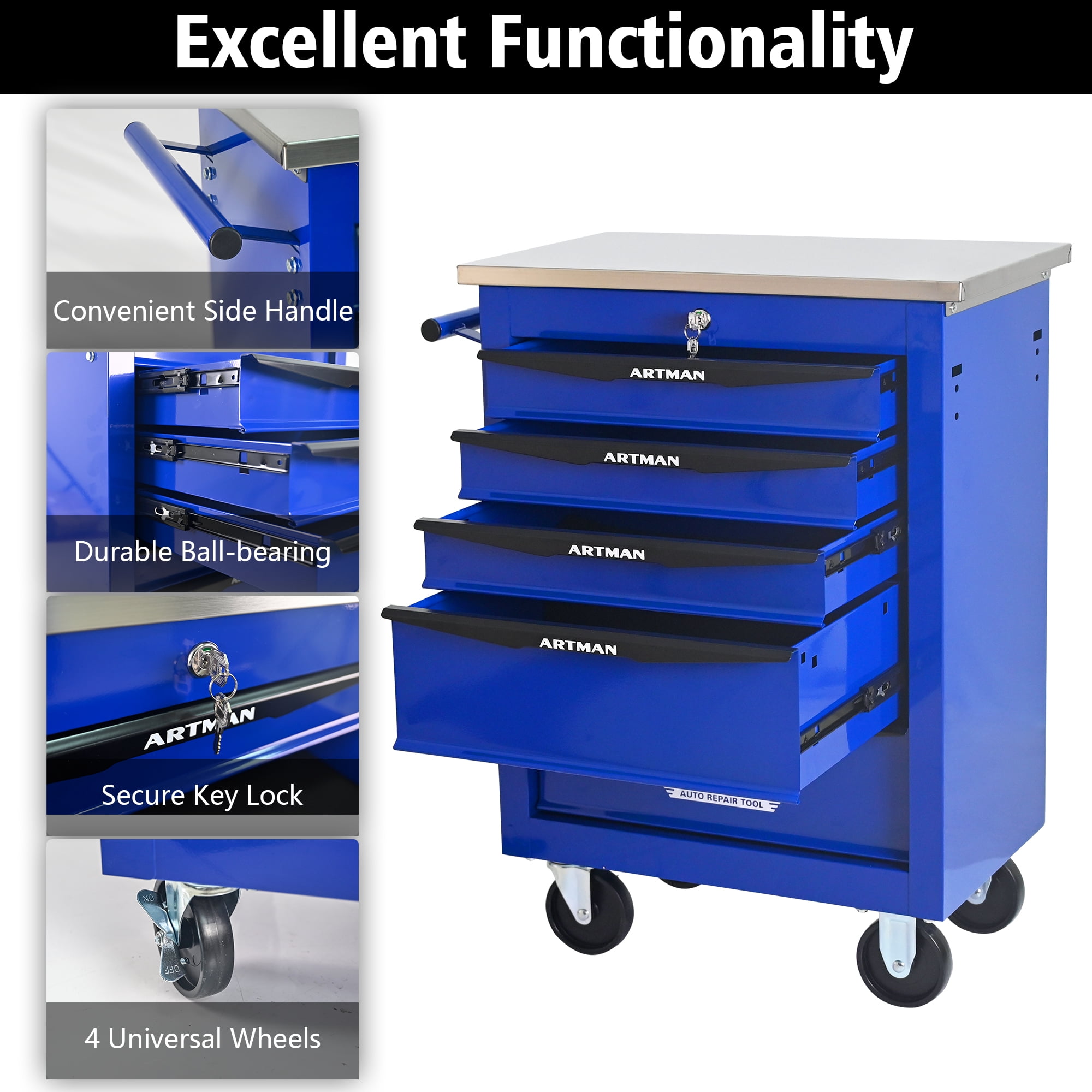 ARTMAN 5 Drawers Steel Storage Rolling Tool Chest Cabinet Cart with Wheels and Stainless Steel Roof