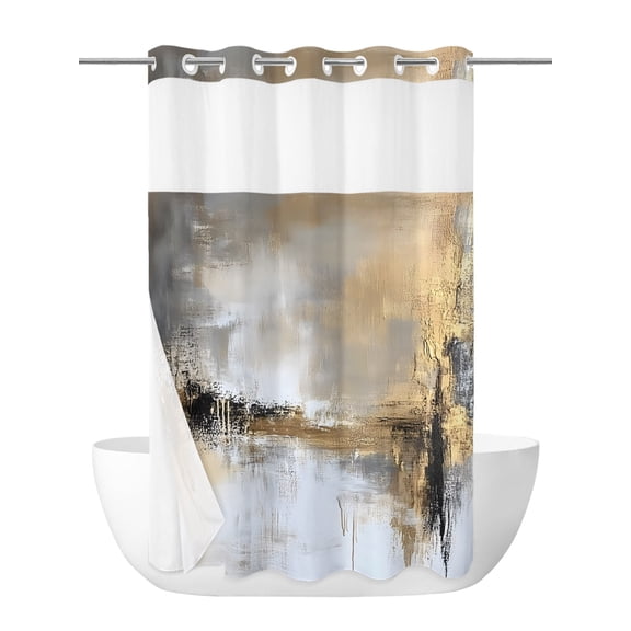 No Hook Shower Curtain with Snap in Liner,Abstract Gold Brown Artwork Waterproof Bath Curtain with See Through Top Window,Retro Art Shower Curtains for Bathroom Decor,36x72in