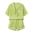 thumbnail image 5 of Hvogkswy Women Two Piece Linen Sets, Solid Color Short Sleeve V-Neck Tops and Wide Leg Shorts with Pockets Loose Breathable Hawaiian Beach Vacation Summer Outdoor Casual Set, 5 of 9