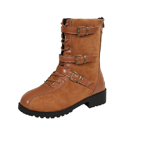 RXMEKW Mid-Calf Boots for Women with Lace-Up and Buckle Closure, Solid Color Winter Casual Shoes with Low Block Heel and Faux Leather Upper