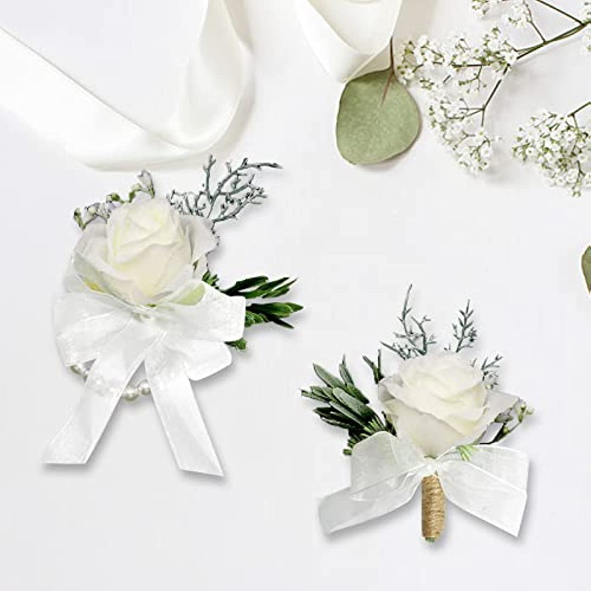 WEIERYUE 2-Pack White Rose Wrist Corsage & Boutonniere Set - Wedding Flowers For Bride, Bridesmaid, Groom, Prom