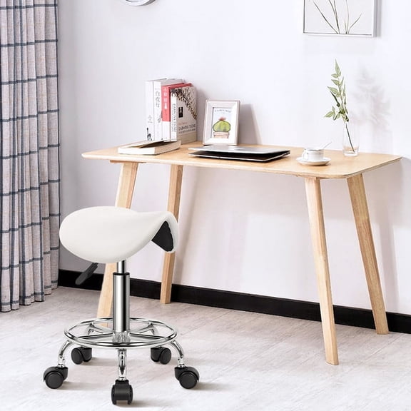 KKTONER White Saddle Stool with Wheels Rolling Chair with Footrest Adjustable Stool without Backrest Salon Stool for Massage Kitchen Spa Drafting