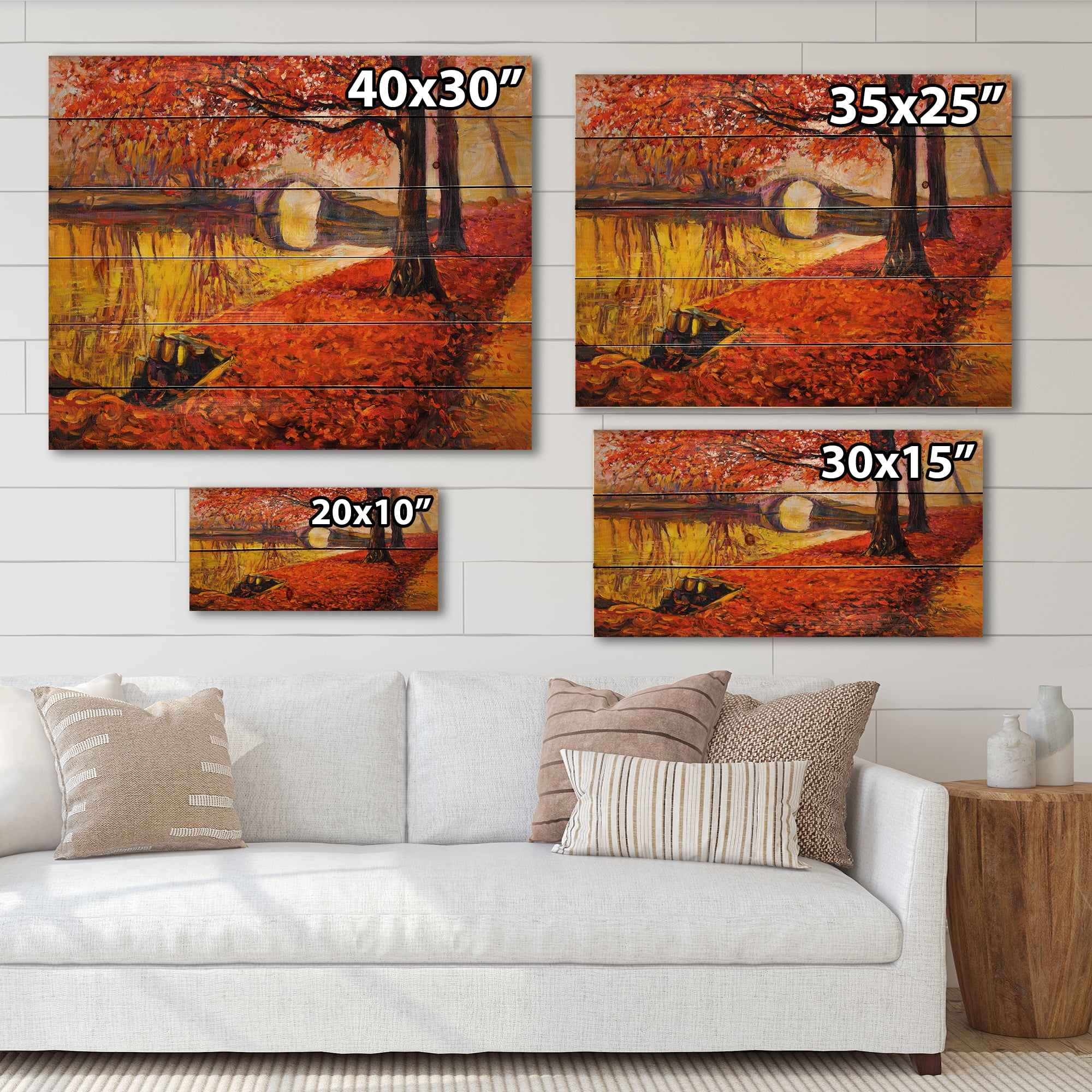 Designart 'Little Bridge In Deep Orange Autumn Landscape I' Traditional Print on Natural Pine Wood