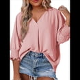 thumbnail image 1 of Blusas Elegantes e Informales para Mujer, con Escote en V y Mangas 3/4, con Puños Fruncidos Rosa XL, 1 of 6