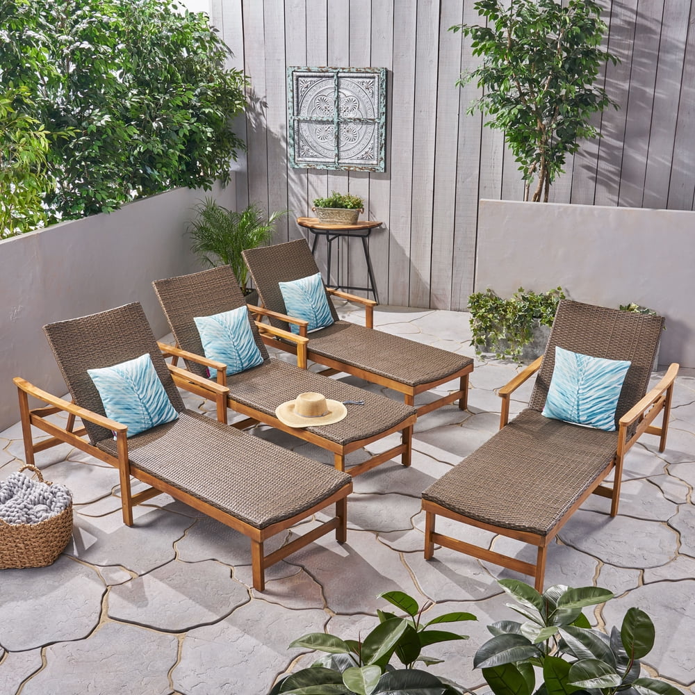 Camdyn Outdoor Rustic Acacia Wood Chaise Lounge with Wicker Seating