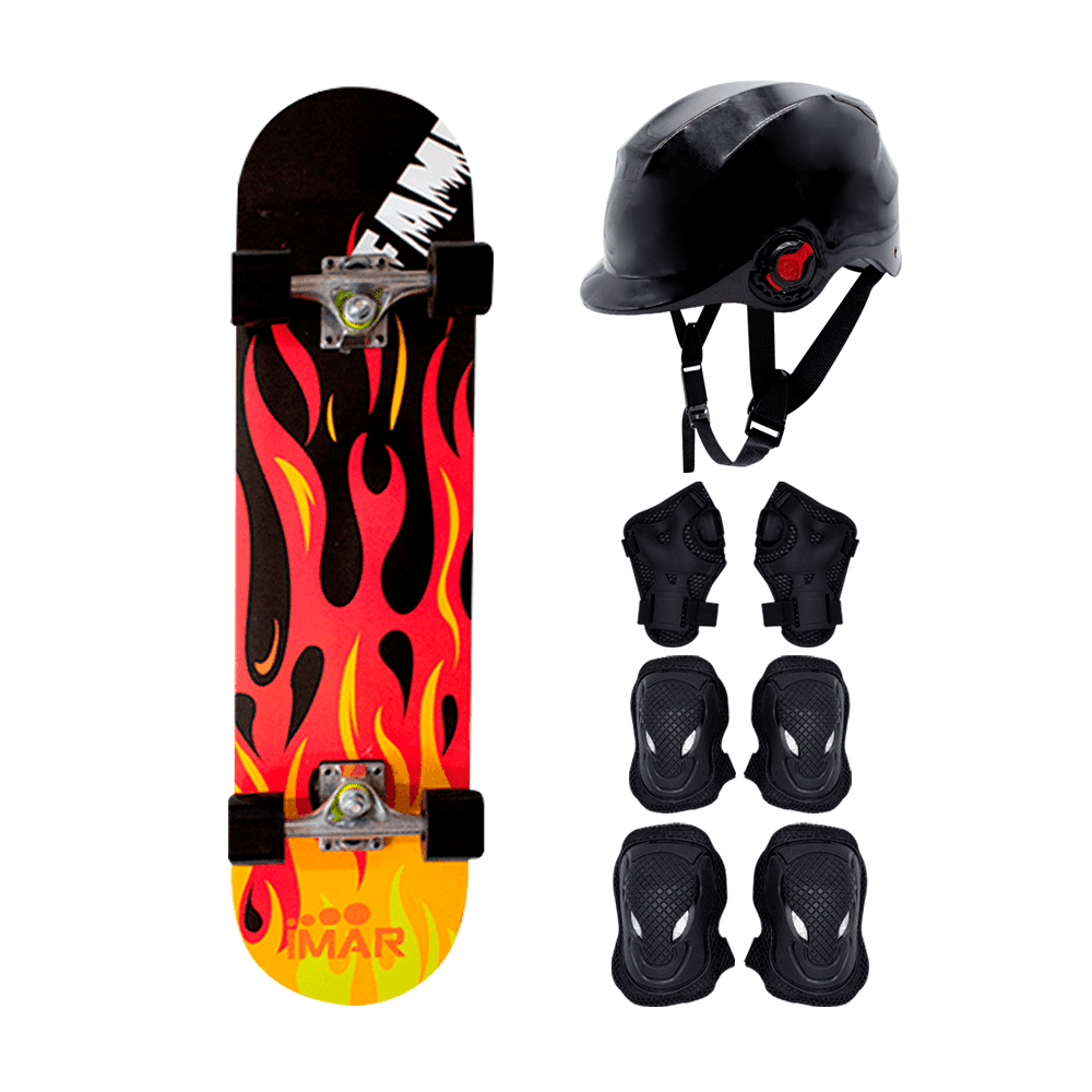 Flamas Racing Negras Kit Patineta LAVIGA Flamas Negras Con Set de Protecciones PU Alta ...