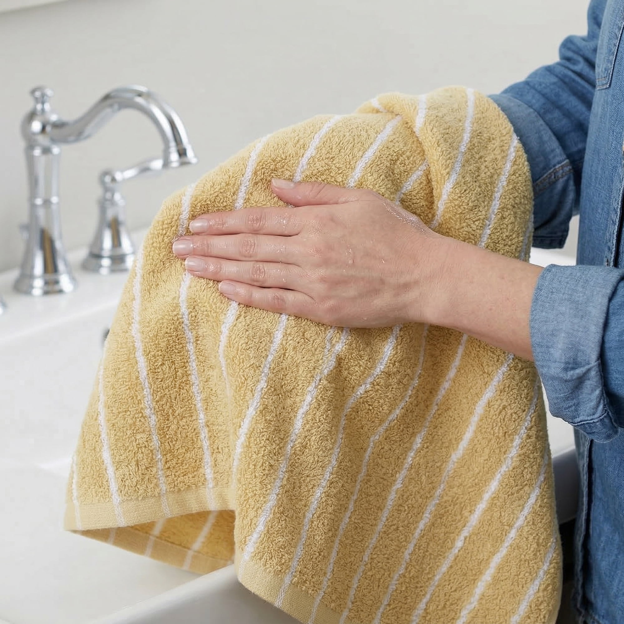 Unique Bargains Cotton Striped Washcloths Soft Absorbent Face Cloths Yellow 4pk
