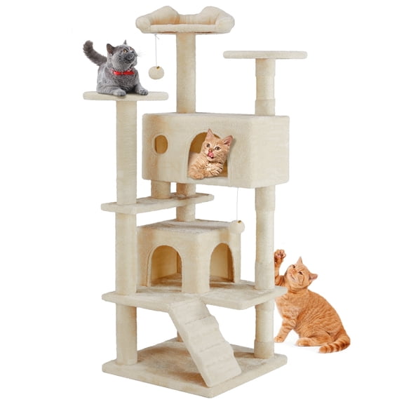SHOUFTW 54in Cat Tree, Space-Saving Indoor Cat Tower with Large Top Perch and Hammock for Multi-Cat Households, Beige