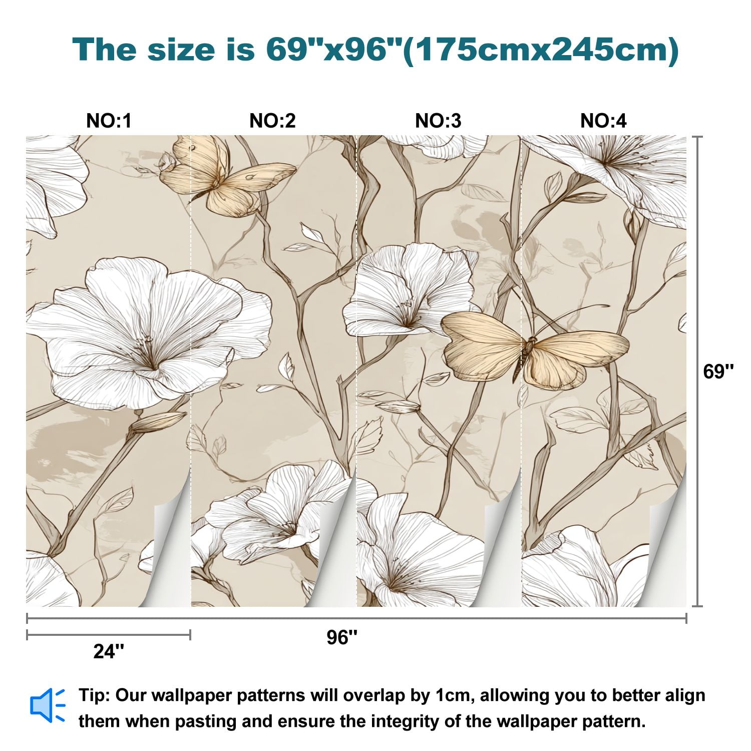 Peel and Stick Wallpaper Dusky Neutrals Stylized Flowers Butterfly Motif Floral Petals Curved Modern Art Wall Mural Decor Self Adhesive and Removable 69in x 98in