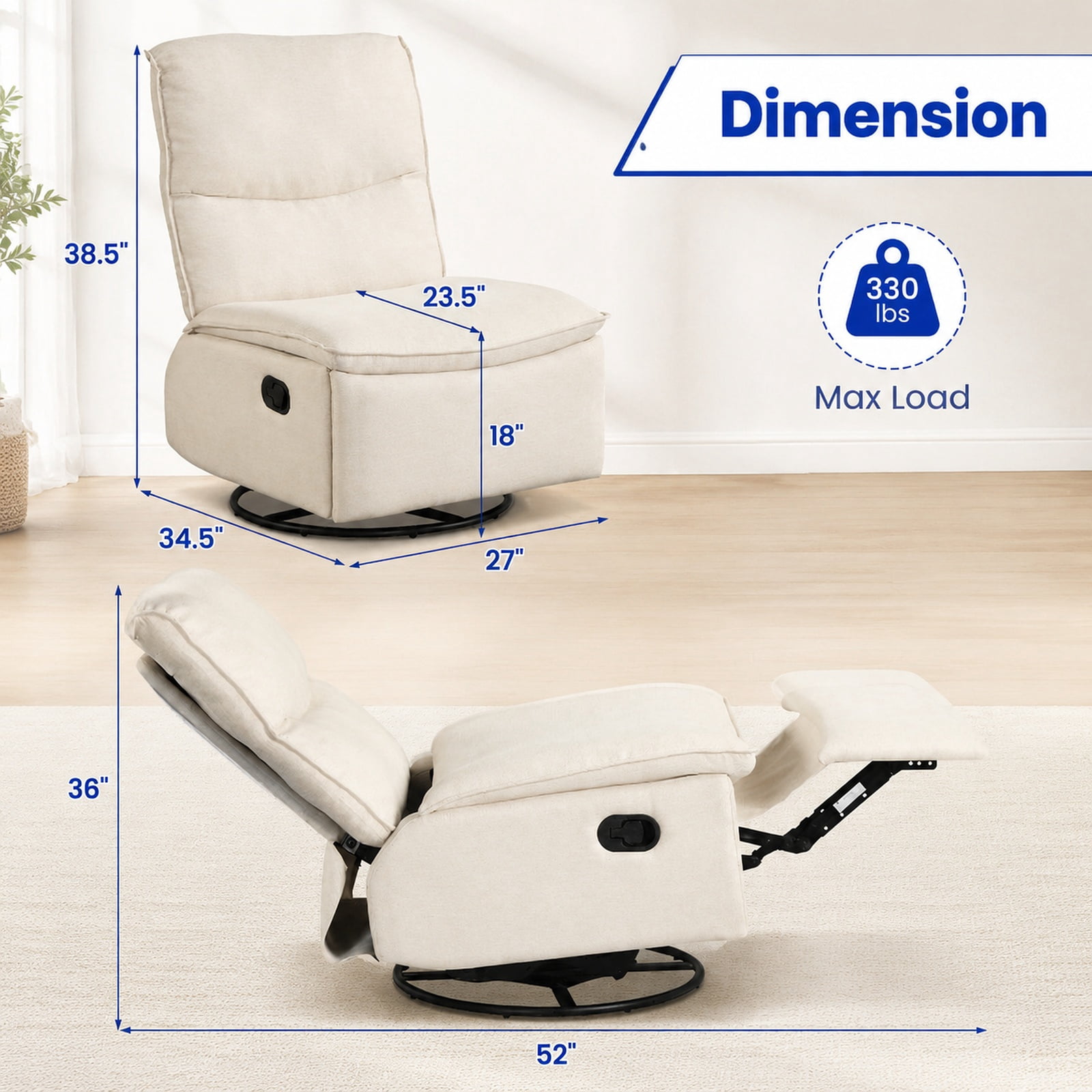 Furnibear 360 Degree Swivel Rocking Recliner Accent Chair with Cushioned Back Extendable Footrest and Metal Frame for Living Room and Nursery, Beige