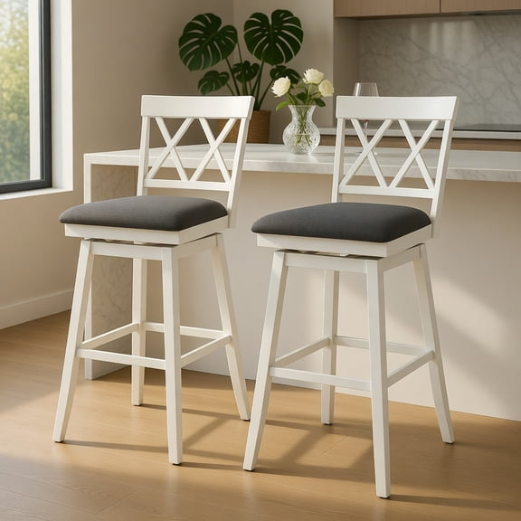 Resenkos 2-Piece 29 Inch Swivel Bar Stool, Upholstered Cushion Backrest Counter Height Chair for Kitchen Island, White