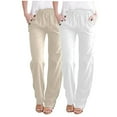 thumbnail image 2 of Jjayotai 2 Pack Womens Cotton Linen Casual Pants, Straight Leg Drawstring Elastic High Waist Loose Comfy Palazzo Trousers with Pockets Beige M, 2 of 9