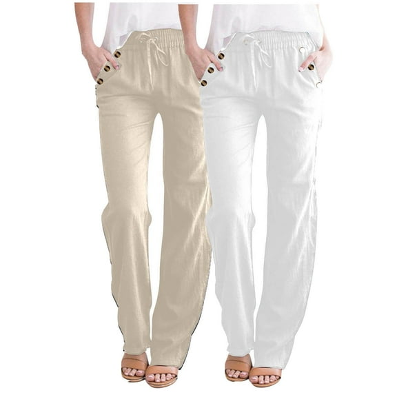 Meresysid Womens Loose Wide Leg Pants 2PC Fashion Womens Casual Solid Color Elastic Loose Pants Straight Wide Leg Trousers With Pocket Beige
