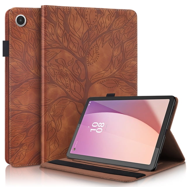 Tree of Life Embossed Case for Lenovo Tab m8(4th Gen) Stand, Card Slots, Stylus Loop Brown