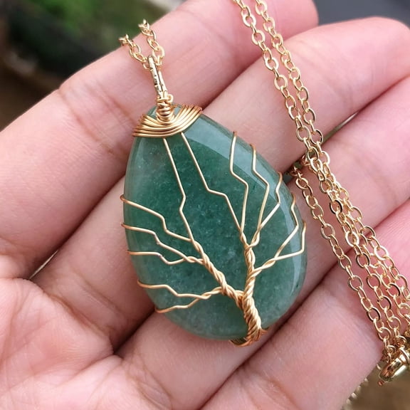 QQTDFG Aventurine Tree Of Life Necklace Chakra Water-Drop Reiki Healing Amulet-default