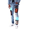 thumbnail image 2 of GFTD LA Los Angeles Men's Sage Skinny Fit Panel Patch Skull Distressed Rip Jeans (30, Blue), 2 of 6