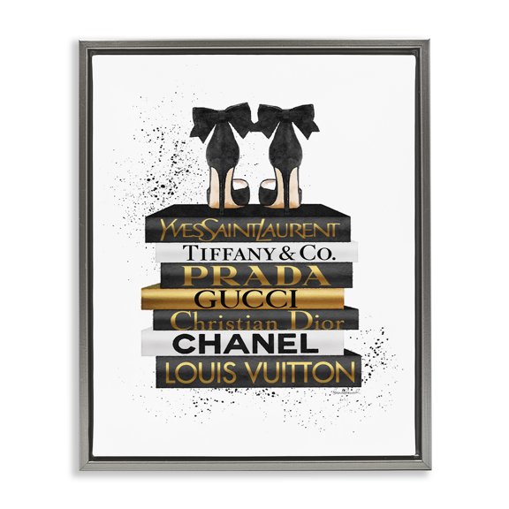 Stupell Industries Black Gold White Glam Bookstack Beauty & Fashion Painting Gray Floater Framed Canvas Art Print Wall Art, 17 x 21