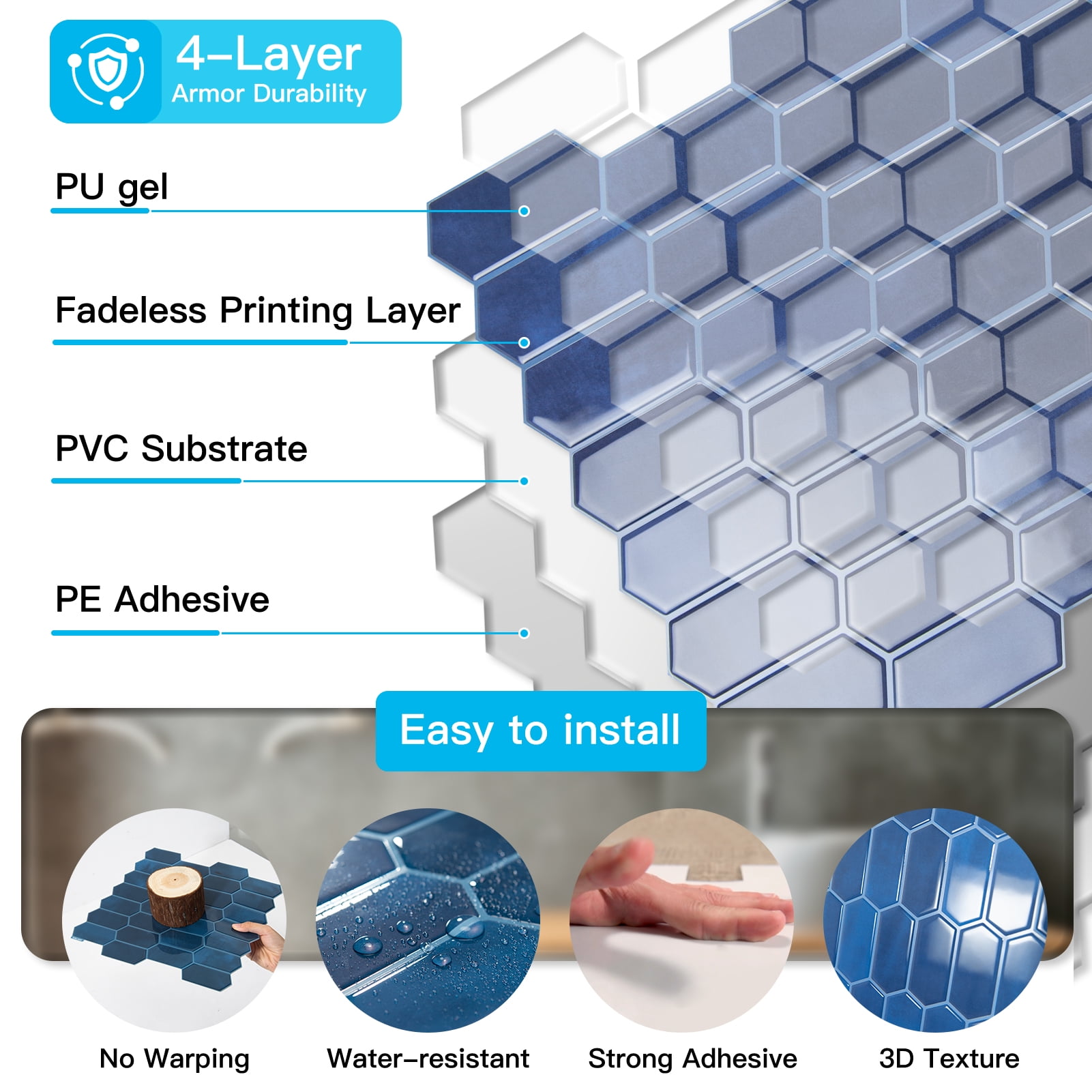 10Pcs Peel and Stick Backsplash,12'' x 12'' Heavy-Duty Self-Adhesive Vinyl Wall Tiles for Kitchen,Bathroom