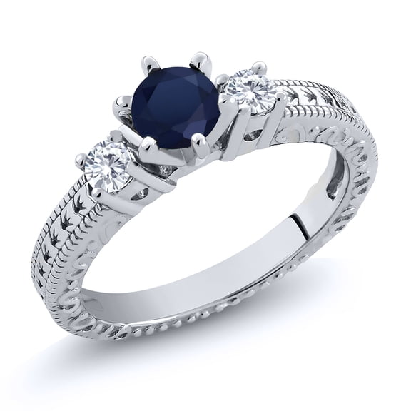 Gem Stone King 0.80 Ct Round Blue Sapphire E-F Lab Grown Diamond 925 Sterling Silver Ring (Size 5)