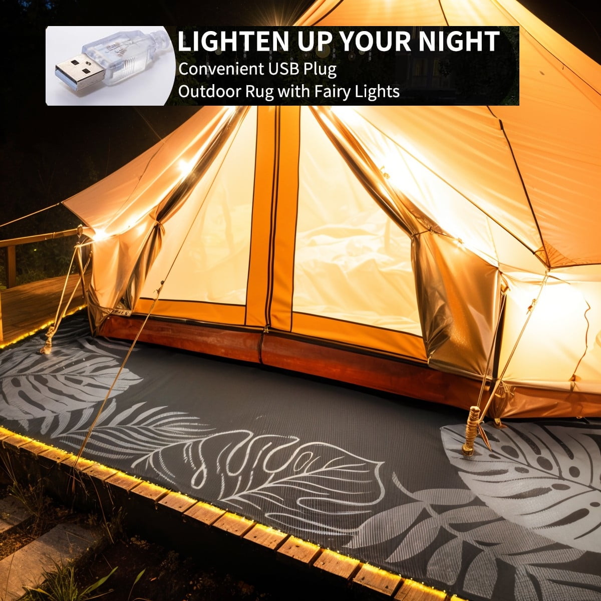 SIXHOME 9x12 Feet Waterproof Outdoor Rug with Led Light Strips, Reversible Black Plastic Patio Mat with Straw Texture Tropical Palm Leaf, Non-Slip Carpet for Camping, RV, Balcony, Porch, Picnic
