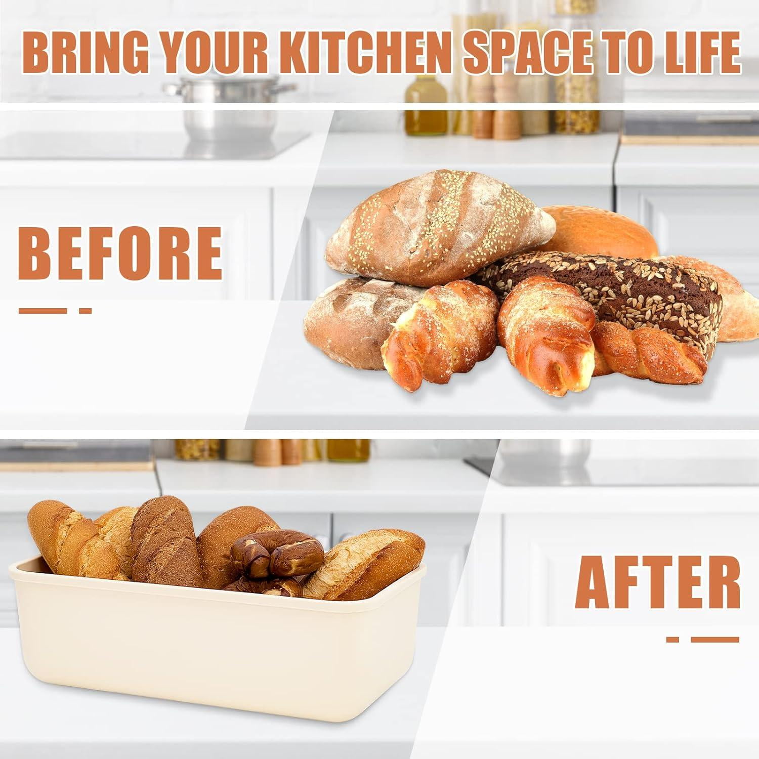 Bread Box With Bamboo Wood Cutting Board Lid & Bread Slicer Holder, Rectangular Cream Color Bread Container For Kitchen Countertop, 14.8 x 8.4 x 5.3in, Bread Storage Container