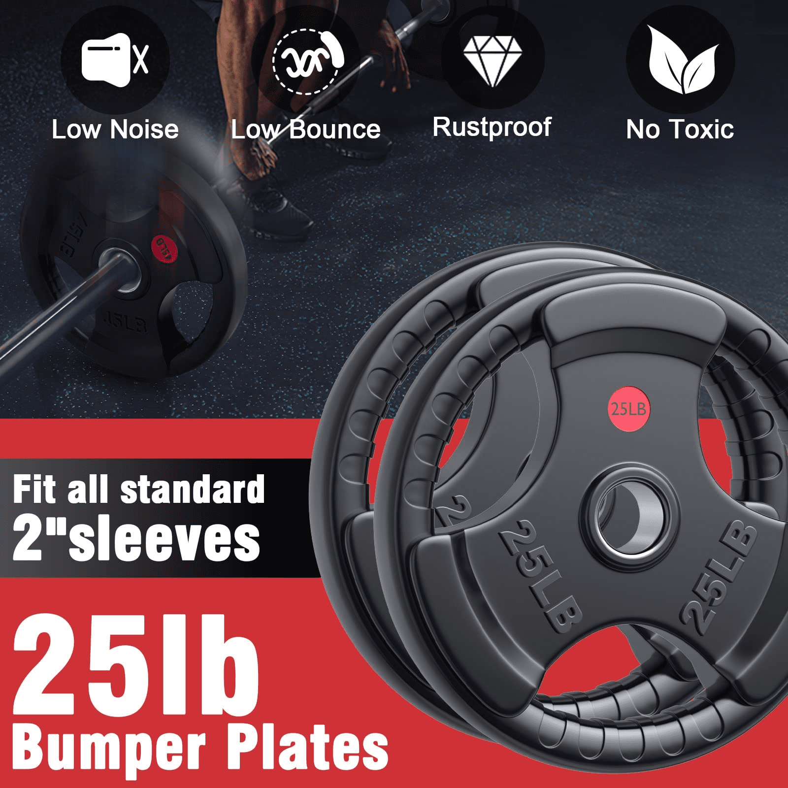 Wostoo Olympic Weight Plates Bumper Plates for Strength Training & Weightlifting, Solid Cast Iron Insert, Fits 2 inch Barbells, 25lbs