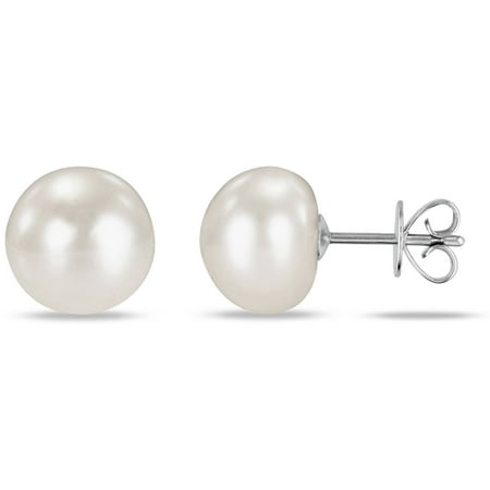 9-10mm White Button Cultured Freshwater Pearl 14kt White Gold Stud Earrings