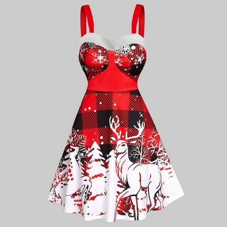 

jsaierl Womens Christmas Dresses Off the Shoulder Strap Cocktail Dress Holiday Reindeer Graphic A Line Dresses New Years Eve Dress Christmas Gift for Teen Girls