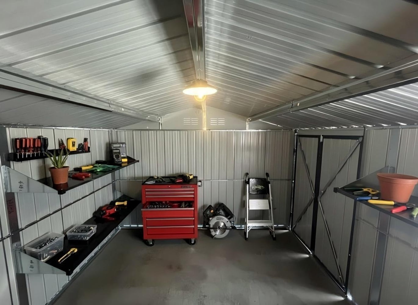 12ft x 10ft Metal Outdoor Storage Garden Tool Shed Workshop with Foldable Worktable, Shelves, Window, Hanging Lamp Hook & Apex Roof for Backyard Garden Patio, Grey