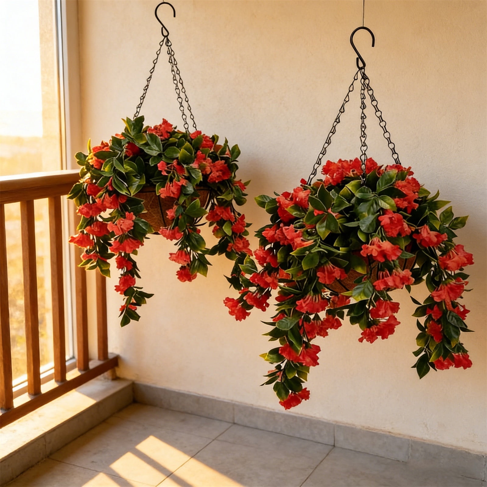 Set of 2 Artificial Hanging Baskets – 15 Inch Faux Crepe Myrtle Flowers with Chain, UV Resistant Fake Plants for Outdoor Patio, Porch, Balcony, & Spring Summer Decor,A