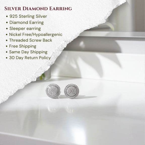 King of Bling's 925 Sterling White Silver 0.10ct Diamond For Women's & Men's Round Earrings