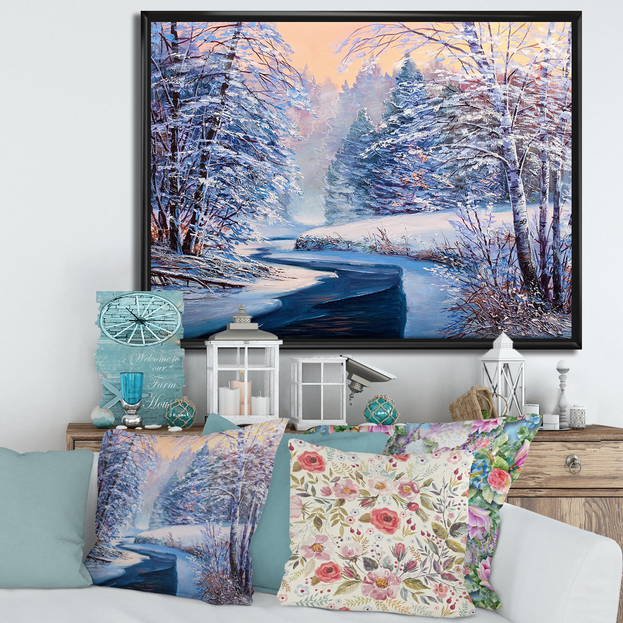 Designart 'Pastel Winter Forest With River' Lake House Framed Canvas Wall Art Print