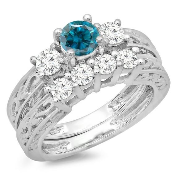 Dazzlingrock Collection 1.50 Carat (ctw) 14K Blue & White Diamond 3 Stone Engagement Ring Set 1 1/2 CT, White Gold, Size 5