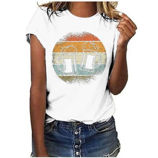 Shldybc Tank Tops for Women Femmes Bière Festival Imprimé Tops Mode Mignon Manches Courtes Col Rond Tops Chemise