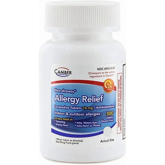 Camber Loratadine 10mg Allergy Pills, Antihistamine 24 Hour, Non Drowsy Allergy Relief (300 Tablets)