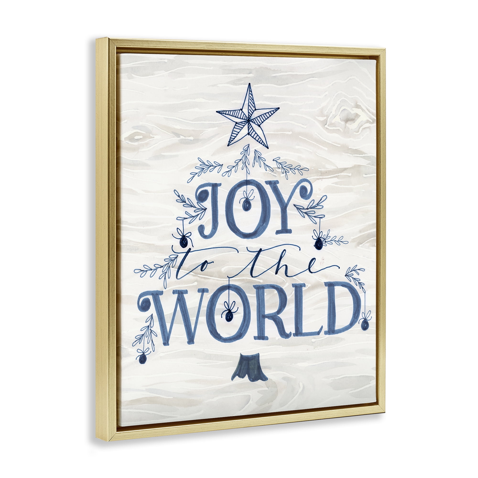 Stupell Industries Joy To World Tree Holiday Painting Gold Floater Framed Canvas Art Prints Wall Art, 25 x 31