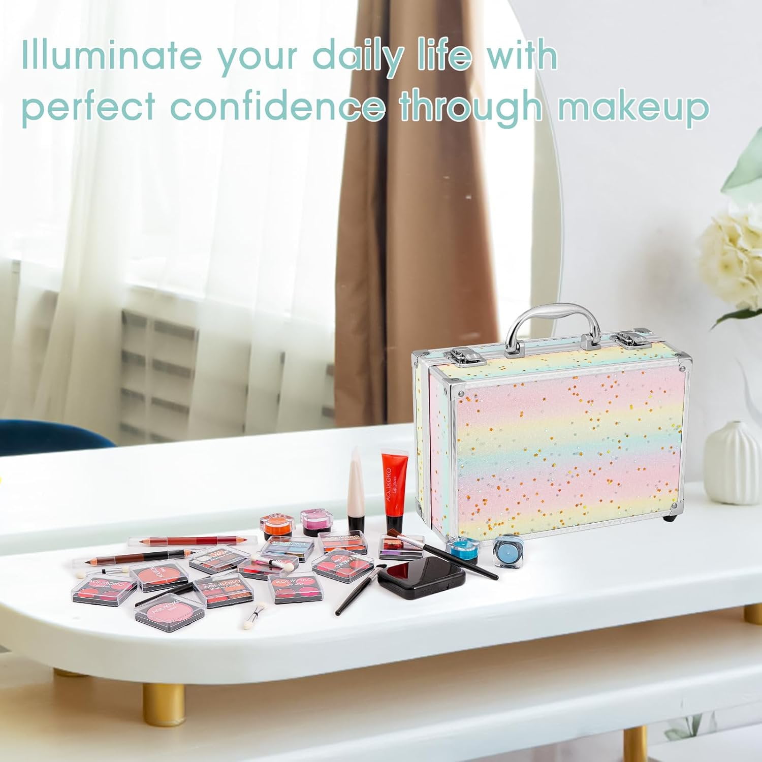AOLIKOKO Makeup Kit for Teenager & Women,Makeup Set for Gift with Rainbow Case Includes Eyeshadow Palette Blush Lip Gloss Lipstick Eye Pencil Brush Mirror