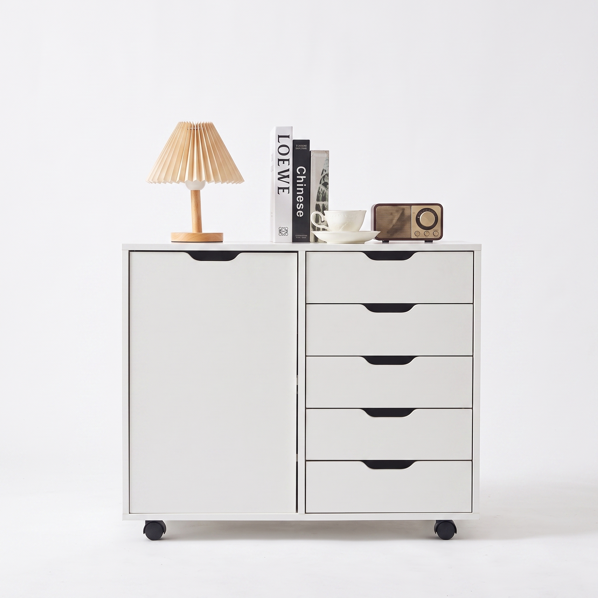 Mobile Printer Stand Storage Cabinet with 5 Drawers & Enclosed Cabinet, Rolling Wheeled Chest of Drawers for Home Office Living Room, Max Load 100lbs