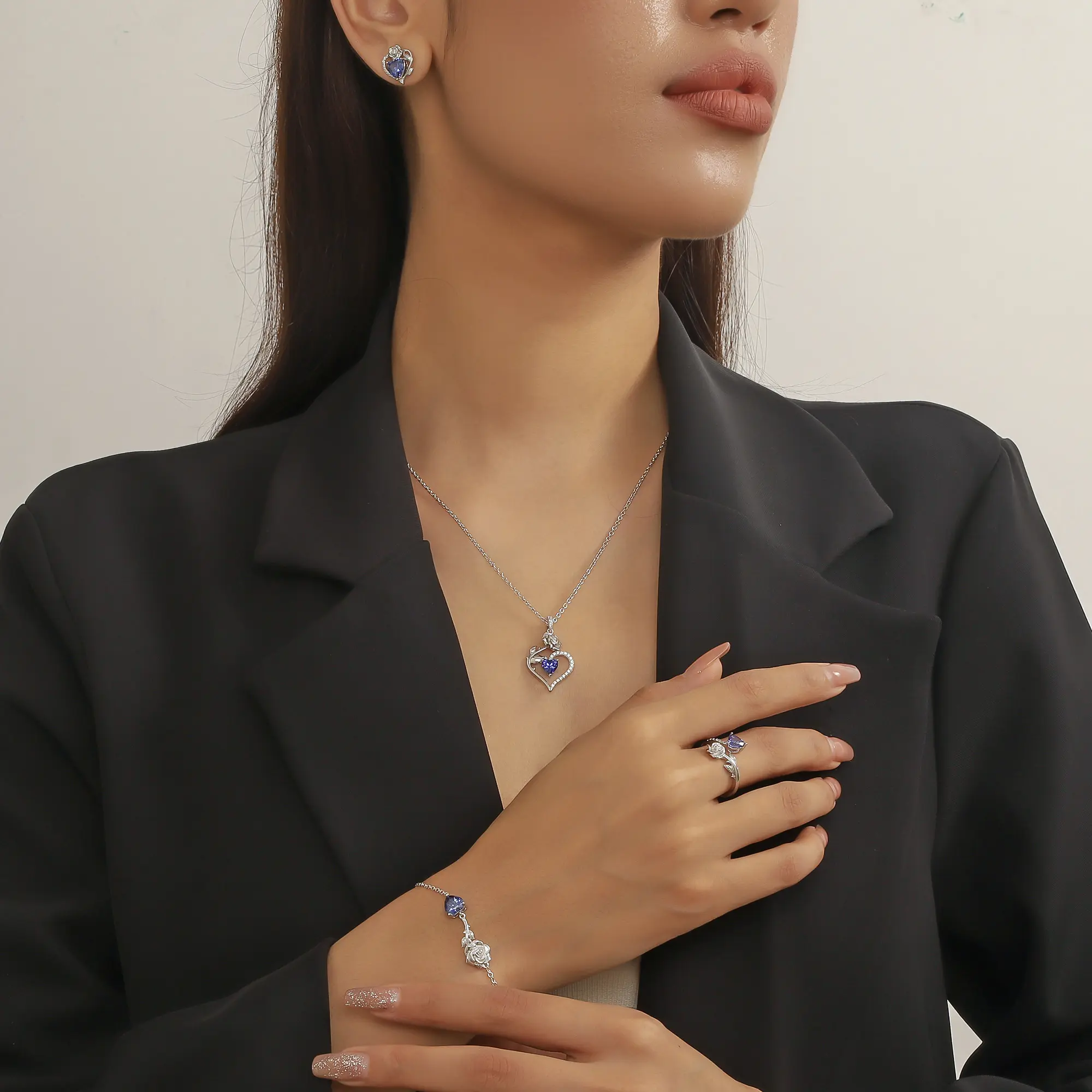 Beautlace Rose Heart Jewelry Set,December Birthstone Rose Flower Heart Necklace/Earrings/Ring/Bracelet Set 925 Sterling Silver Jewelry Birthday Christmas Valentines Mother's Day Gifts for Women Mom