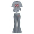 thumbnail image 3 of KKBOTIVE Girls Leopard Bow Print Outfit Fashion Short Sleeve Shirt and Flared Pants 2Pc Set for Kids Back to School Daily Wear, Grey Size: 9-10 Years, 3 of 5