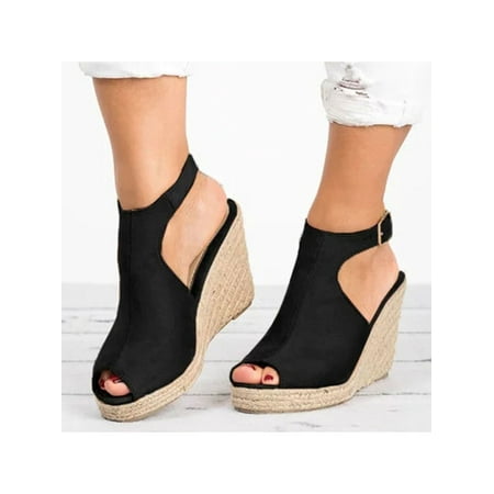 

SIMANLAN Women s Espadrille Wedge Sandals Platform Slingback Womens Fashion Ladies Peep Toe Black 9