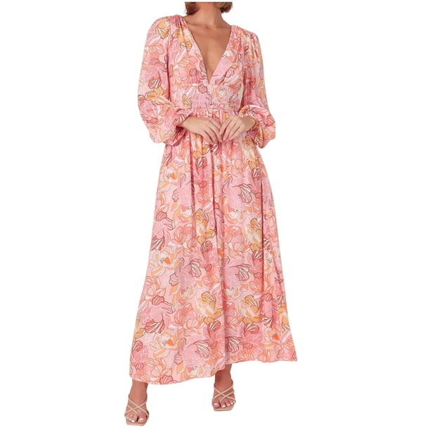 Vestido de gasa de manga larga con estampado floral y cuello en V de otoño para mujer Pompotops hdfakjf6718