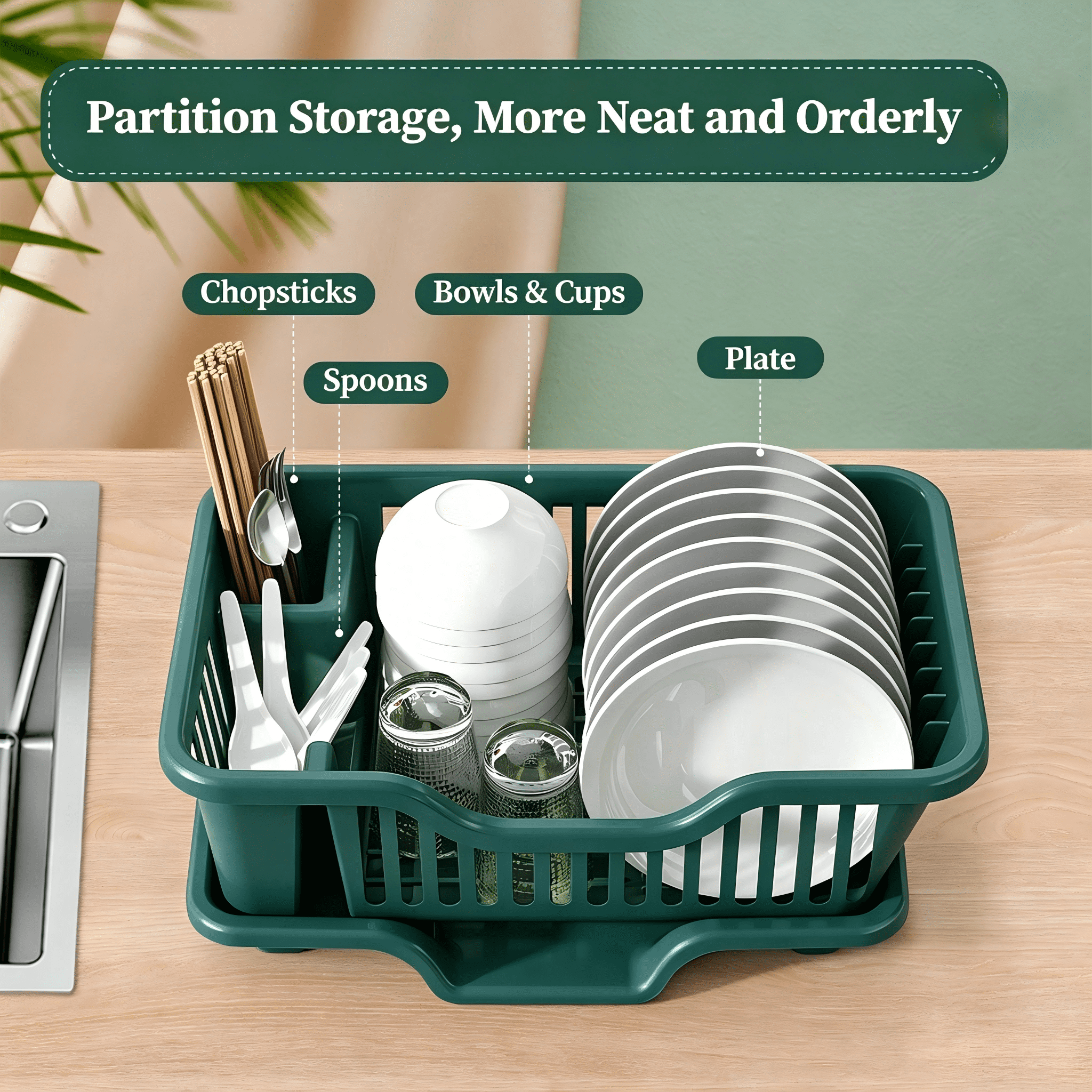 Dish Drying Rack Dish Strainers Cutlery Holder Utensils Holder Dish Rack and Drainaboard Set for Kitchen Countertop Dining Room Restaurant Dark Green