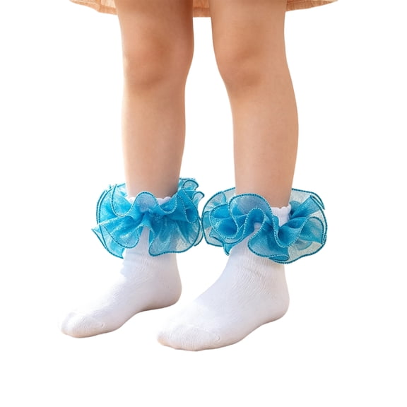 Abcomgle Girls Toddler Little Girls White Ruffle Socks Dress Lace Frilly | Lace Embroidery Flower Ruffle, 2-8Y Girls Frilly Dress Socks, Uniforms and Formal Dresses, Soft Comfortable Cotton Sky Blue