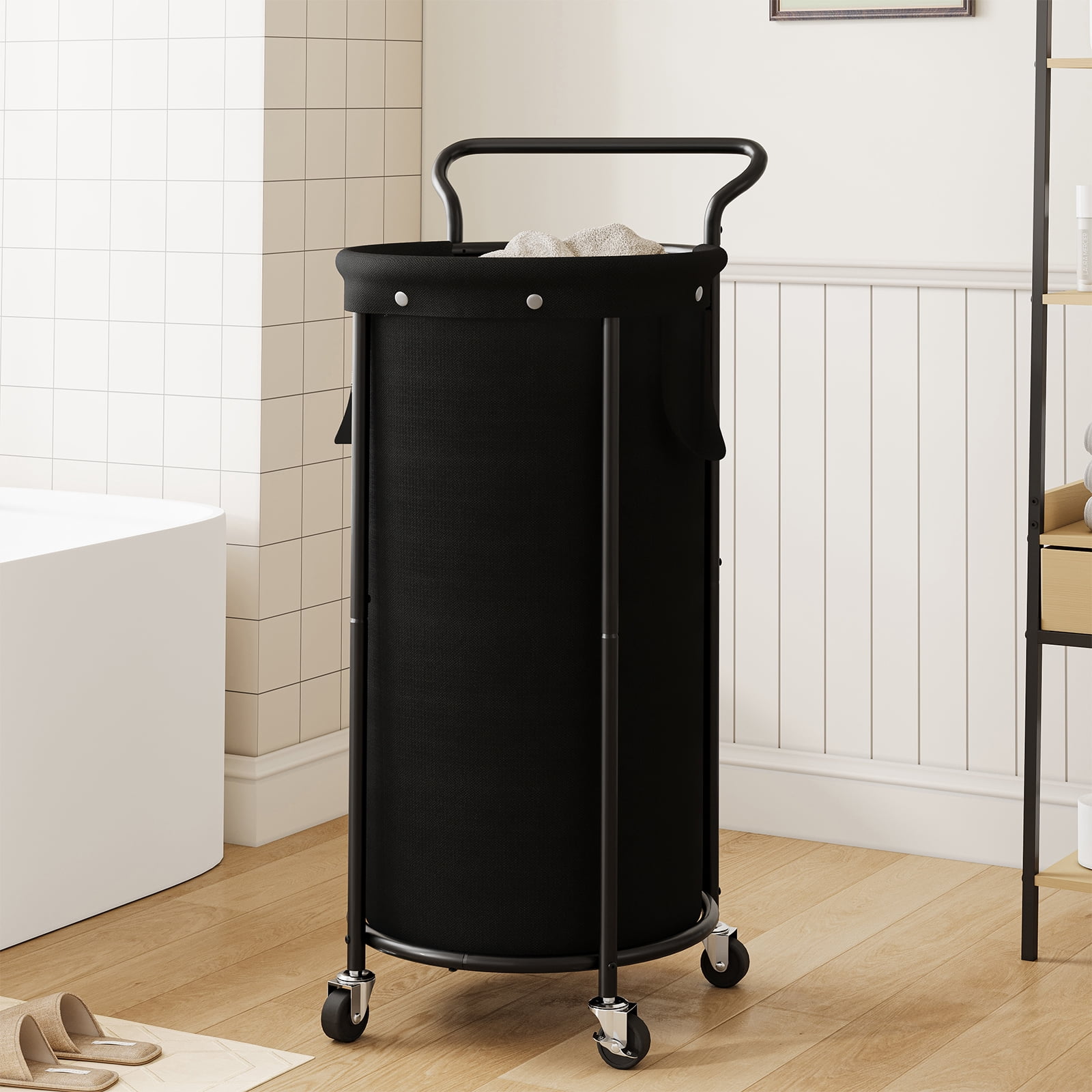 BGTREND 110L Rolling Laundry Hamper with Removable Bag, Round Steel Frame and Handle, Black