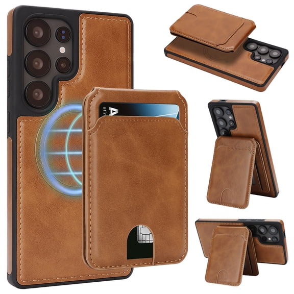 Allytechgroup 2 In 1 Wallet Case for Samsung Galaxy S24 Ultra, Detachable Magnetic Back Cover Cards Holder with ID Window Stand RFID Blocking Shockproof Retro PU Leather Phone Case,Darkbrown