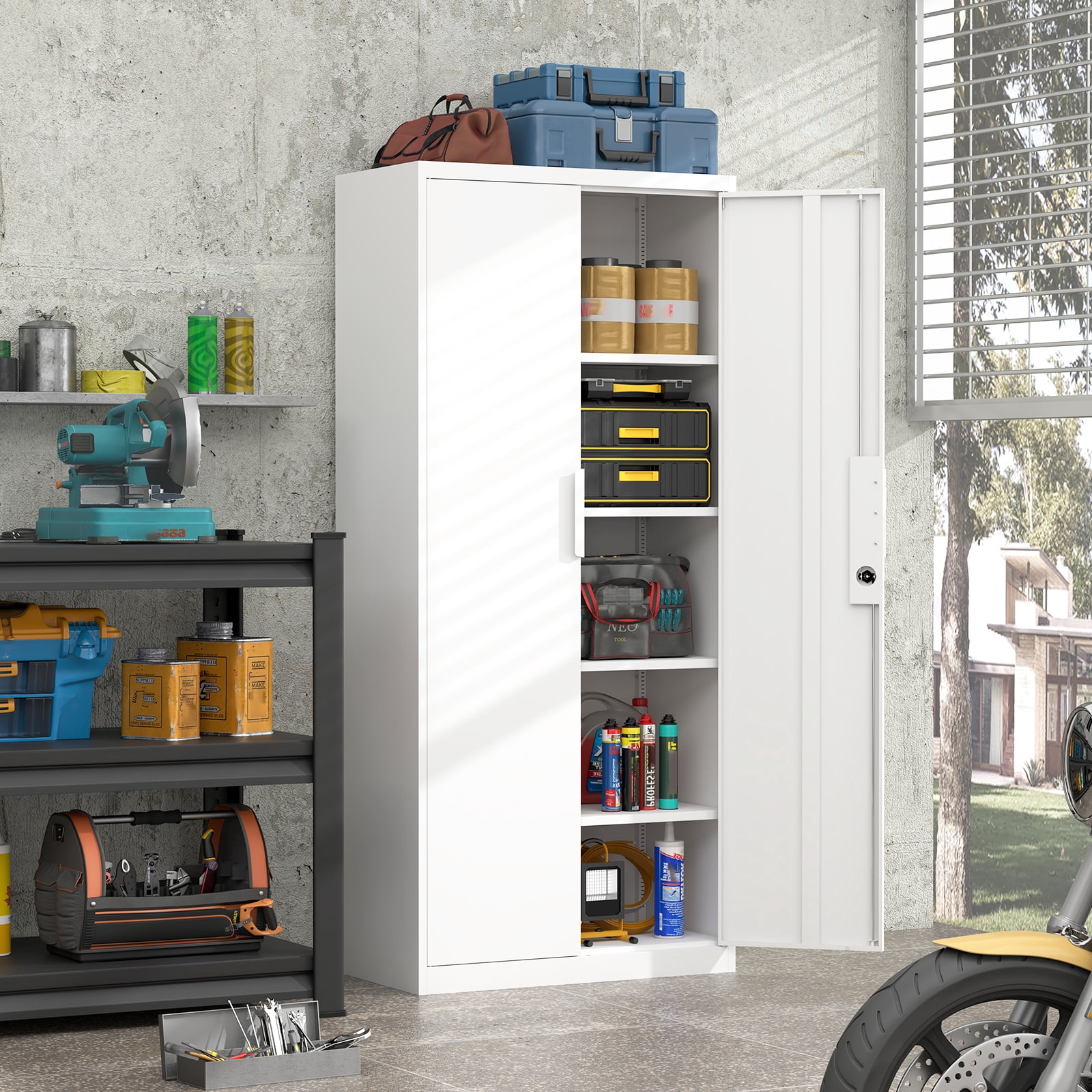 Marcree Metal Garage Storage Cabinet with 2 Doors and Adjustable Shelves - 71" Steel Lockable File Cabinet, Locking Tool Cabinets for Office, Home, Garage, Gym, School (White)